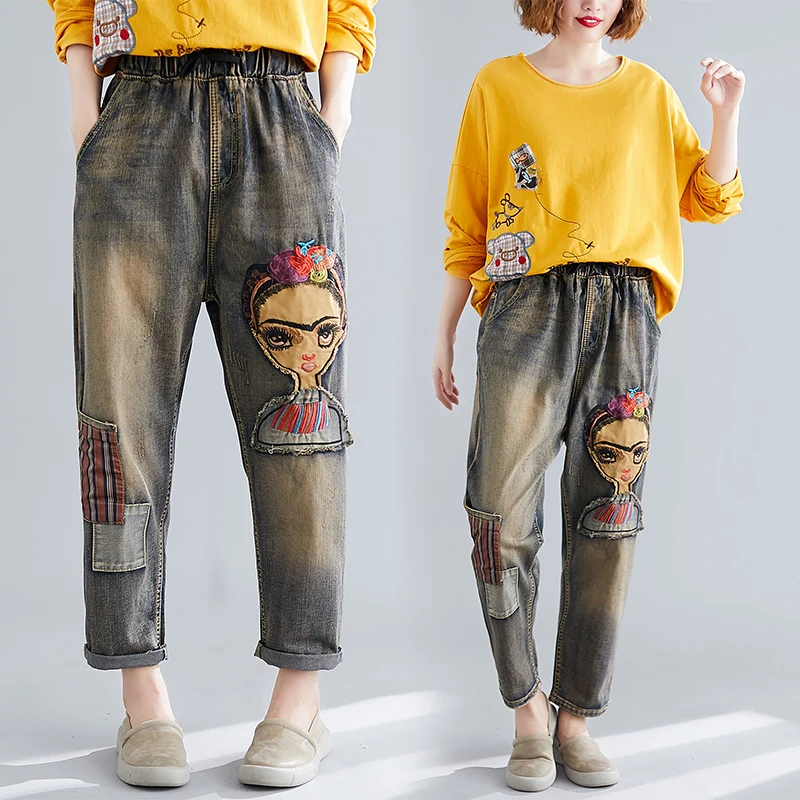 

Limiguyue Spring Women Fashion Distressed Elastic Waist Embroidery Vintage Denim Jeans Kawaii Casual Cartoon Print Pants K764