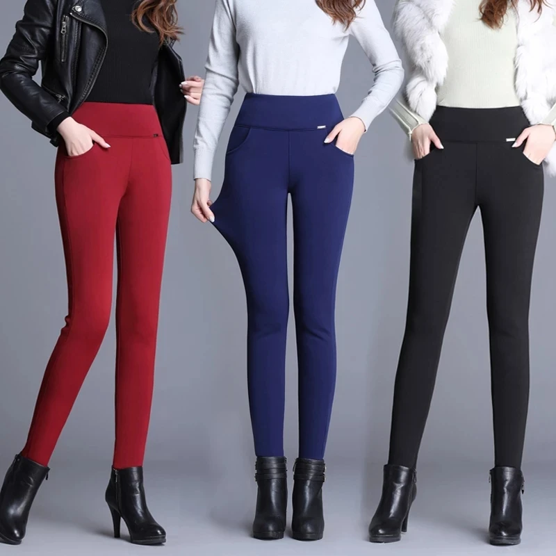 

Winter Thick Warm Cashmere High Waist Black Pants Women High Elastic Skinny Stretchy Ladies Trousers Plus Size 6XL