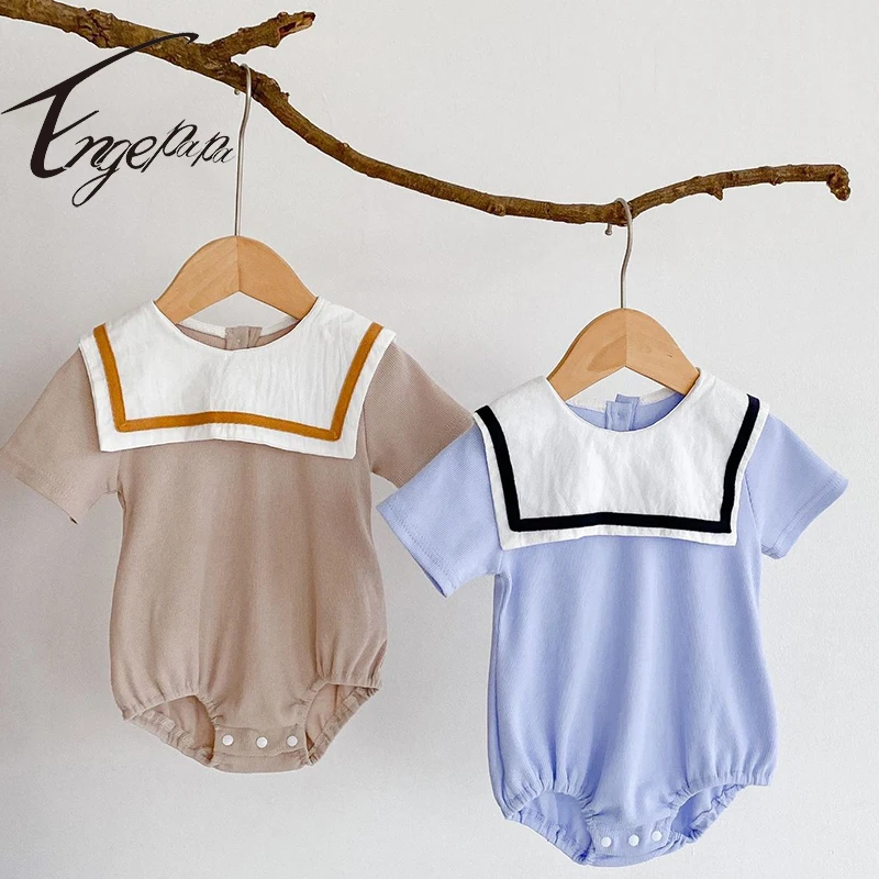 

Комбинезон для новорожденных, мальчиков и девочек, хлопковый, с воротником в морском стиле, с коротким рукавом