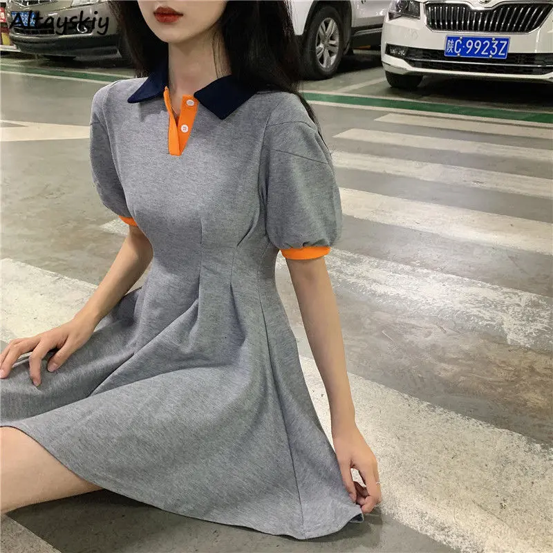 

Dress Women Patchwork Student Harajuku Minimalist Mujer Korean Sytle All-match Soft Fashion Button Design Summer Puff Sleeve Ins