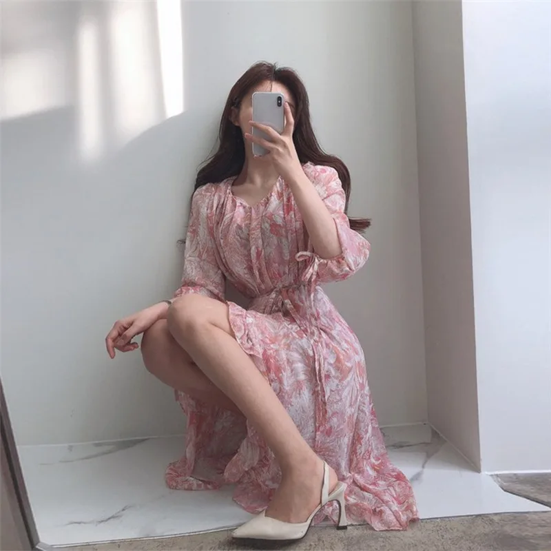 

Mazefeng New 2020 Women Summer Dress Casual High Waist Floral Vintage Sashes Pleated Chiffon Lace Up Print Long Dress One Size