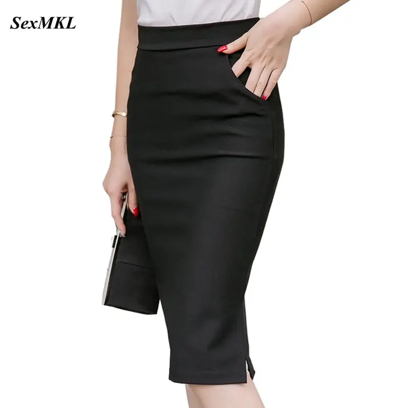 Женская облегающая юбка-карандаш с высокой талией черная офисная