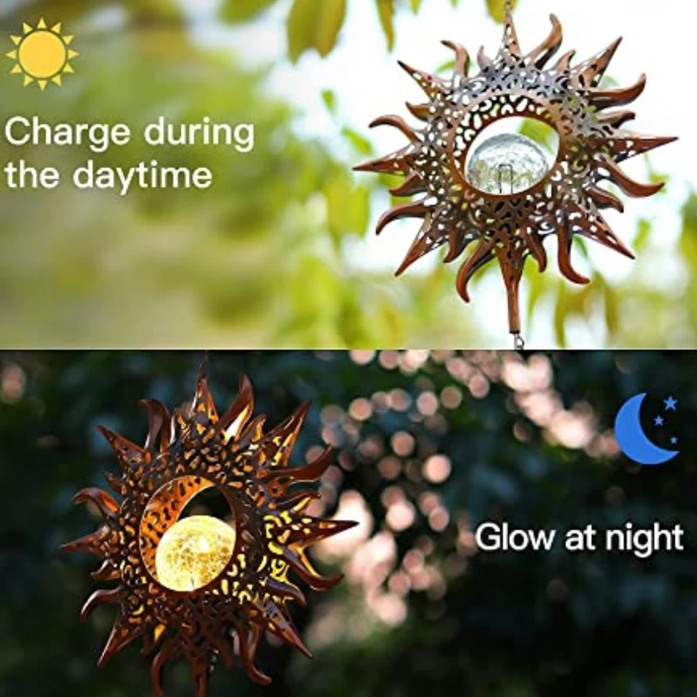 

LED Solar Wind Chime Crystal Ball Wind Chime Light Metal Hanging Decor Retro Sun Crackle Glass Ball Warm Hollow Design@#527