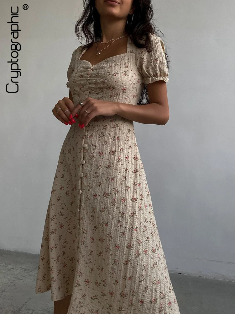

Cryptographic 2022 Summer Button Up Holiday Dress Women Elegant Fashion Outfits Puff Sleeve Cottagecore Floral Dresses Clothes