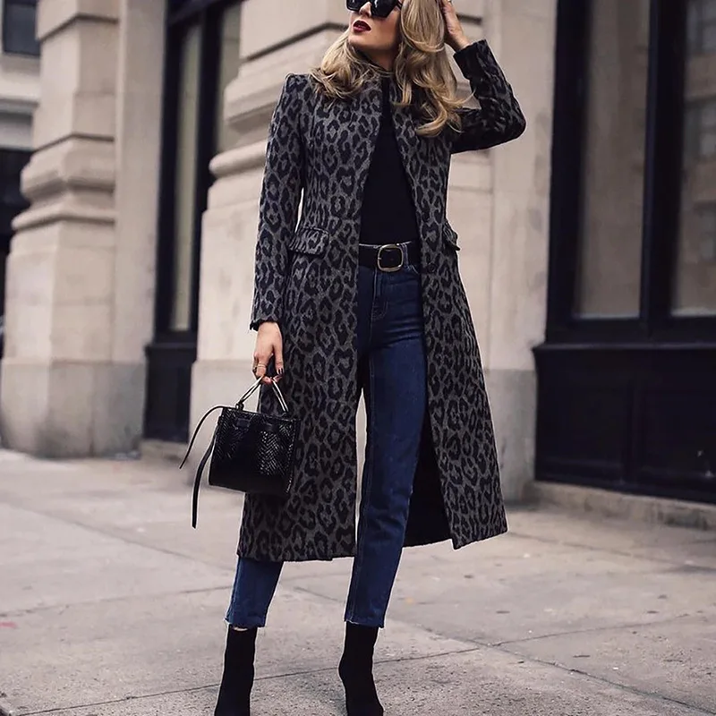 

Women Fashion Turn Down Collar Coat Black Leopard Printed Winter Warm Wide Female Jackets Wind Coat Cardigan Long Cardigan Coat