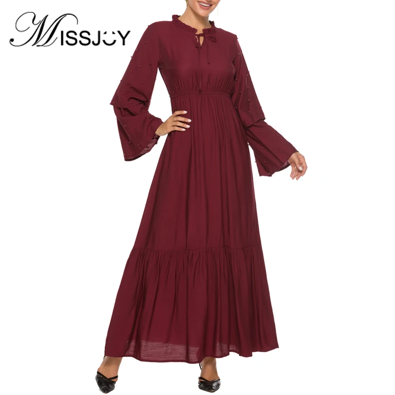 MISSJOY Elegant High Waist Abaya Turkish Dress Women Muslim Solid Color Ruffle Flare Sleeve Diamond Islamic Clothing Casual