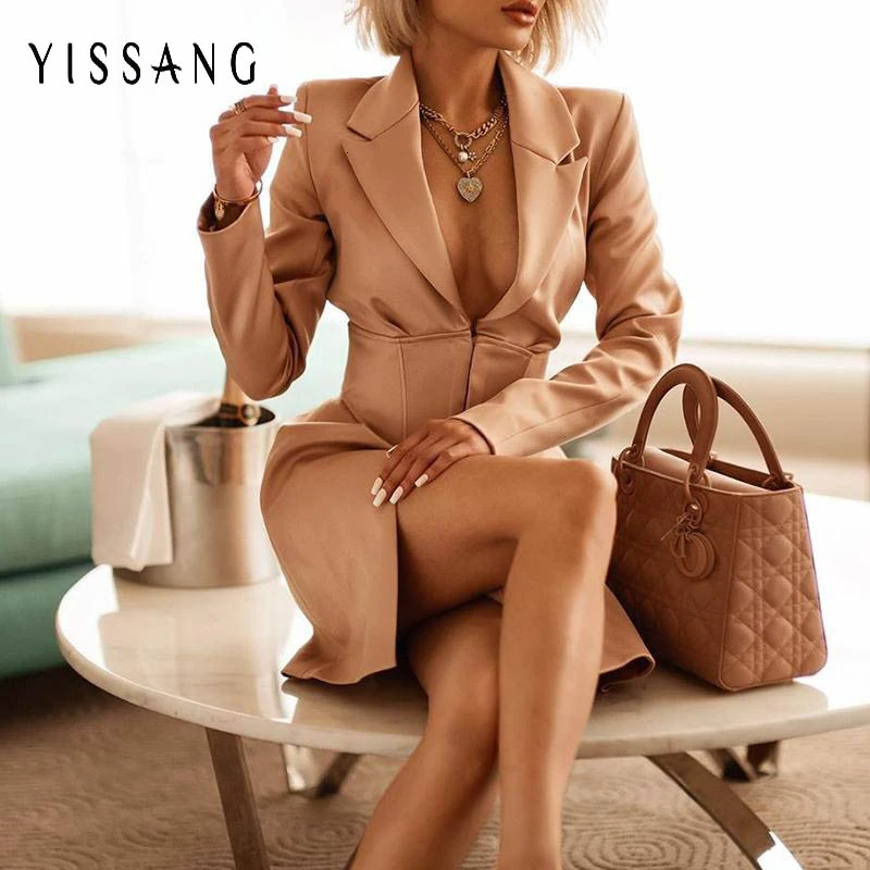 Yissang, Повседневное платье, Осень-зима, женское, длинный рукав, элегантное, Блейзер, платье, скрытое, однобортное, мини, для офиса, платья - Цвет: khahi