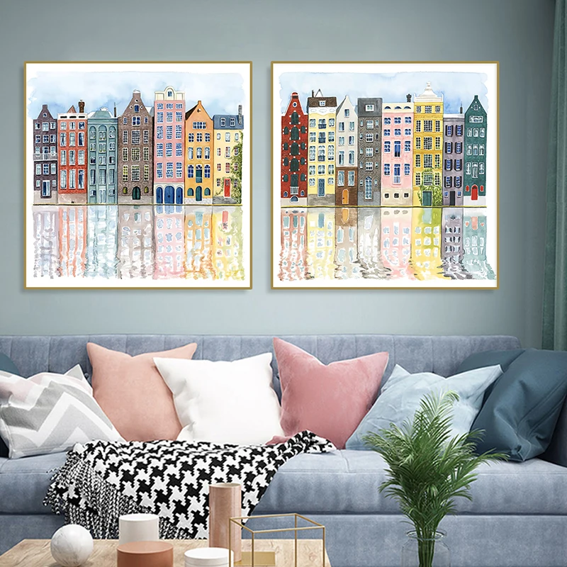 

Nordic Watercolor City Building Canvas Painting Poster Print Wall Art Picture for Modern Living Room Home Decor Interior Art