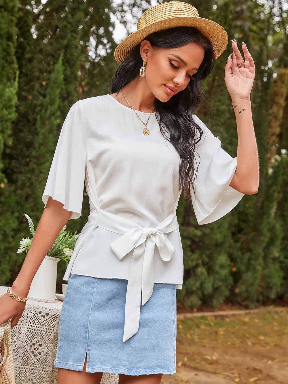 

2021 Spring Summer Clothes for Women Blouses Shirts White O-Neck Flare Sleeve Sashes Casual Elegant Tops Korean Harajuku Lady