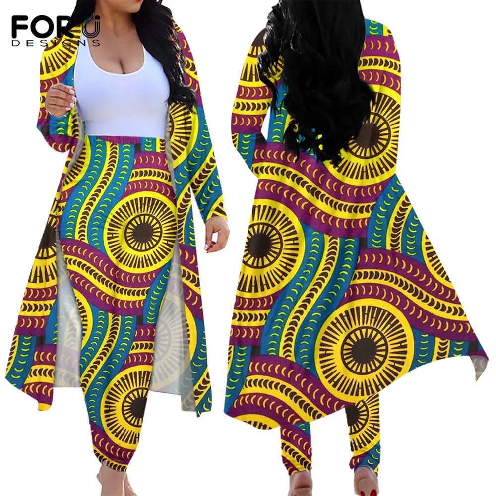 

FORUDESIGNS Casual Women's Skinny Cardigan African Tribe Pattern Ladies Long Sleeve Trench Coat Leggings Female X-long Tracksuit