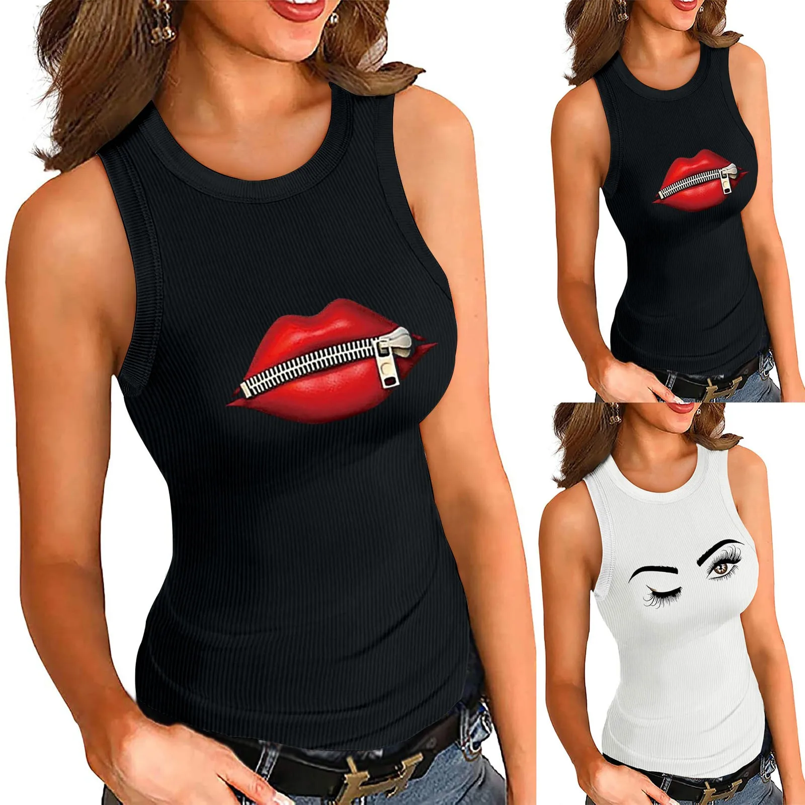 

Fashion Women Big Lips Print Shirt Tops Plus Size Casual Slim Fit Camis Tanks Summer Femme Camisoles Tank Top Shirts Vestidos