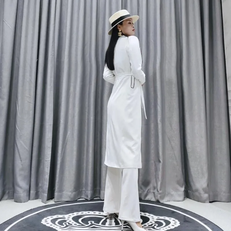 

Runway New Women Long Blazer Trench Coat Wide Leg Pants Office Ladies Two Piece Set Classic Sashes Lace Up Suit Sets Coordinates