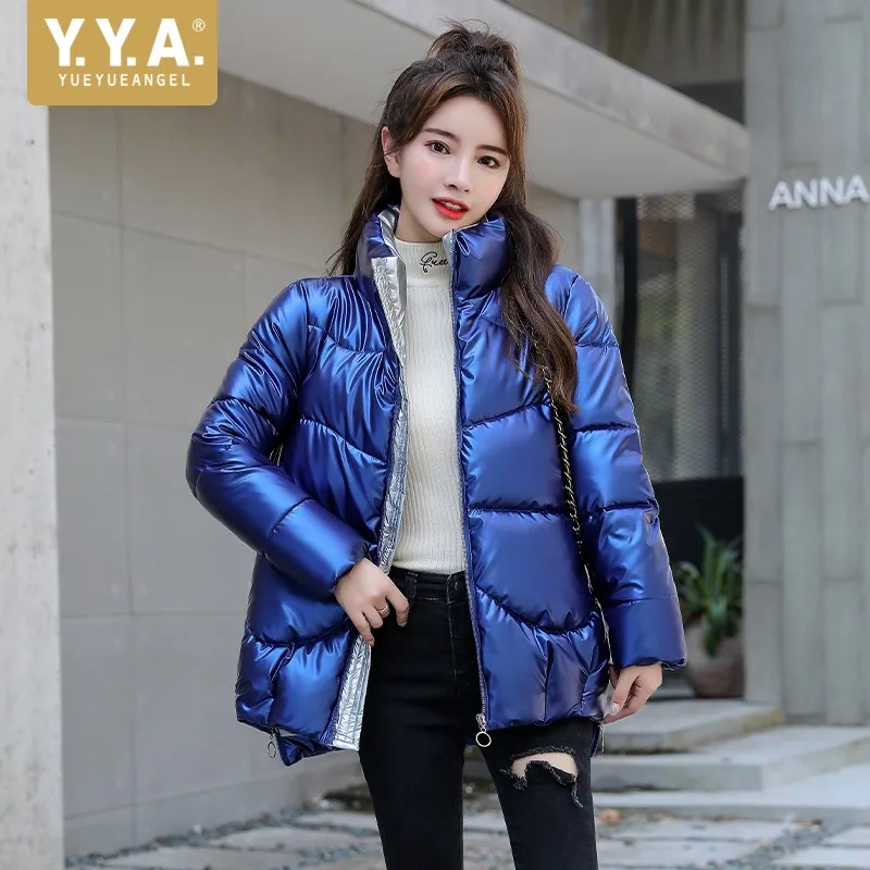 

Winter Streetwear Thick Parkas Women Stand Collar Zipper Casual Down Jackets Office Loose Short Glossy Outerwear Female S-2XL