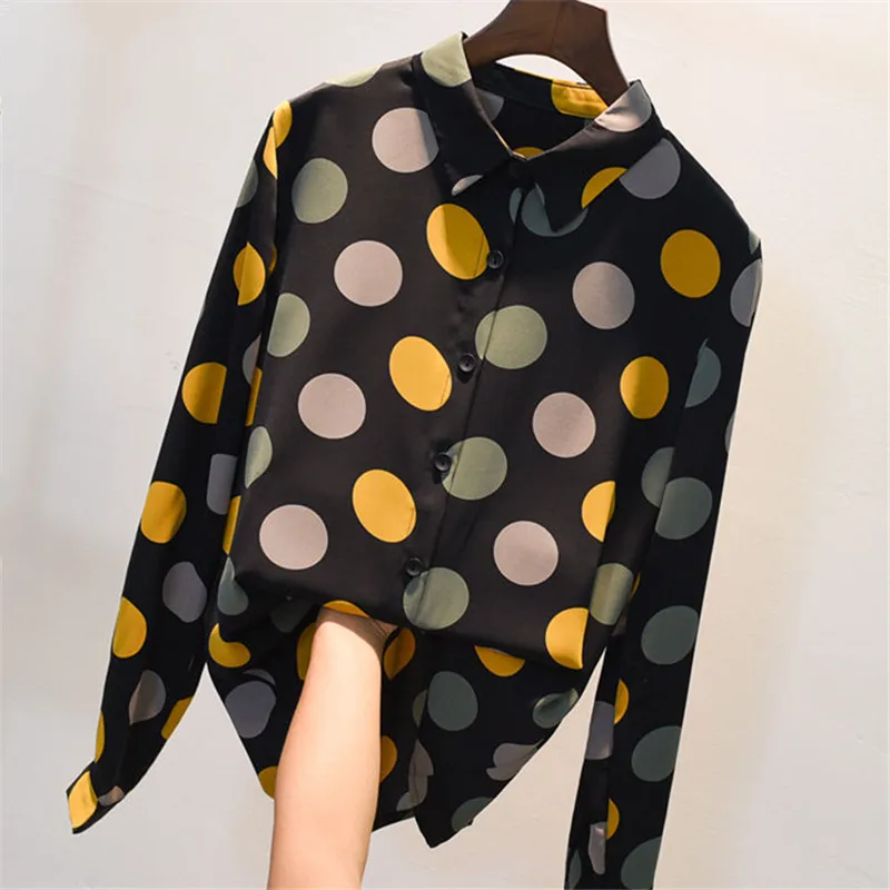 

Casual Women Shirts Fall 2021 New Long Sleeve Fashion Chiffon Tops Colorful Point Elegant Single Breasted Black Blouses Female