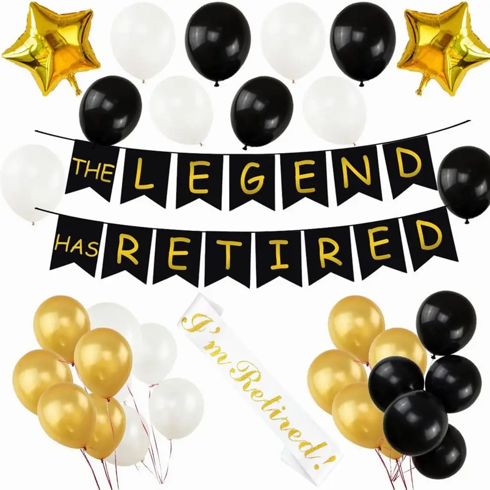 

JOLLYBOOM Retirement Party Balloon Set Black Gold THE LEGENG HAS RETIRED Banner Star Foil Balloon for Retirement Party Supplies