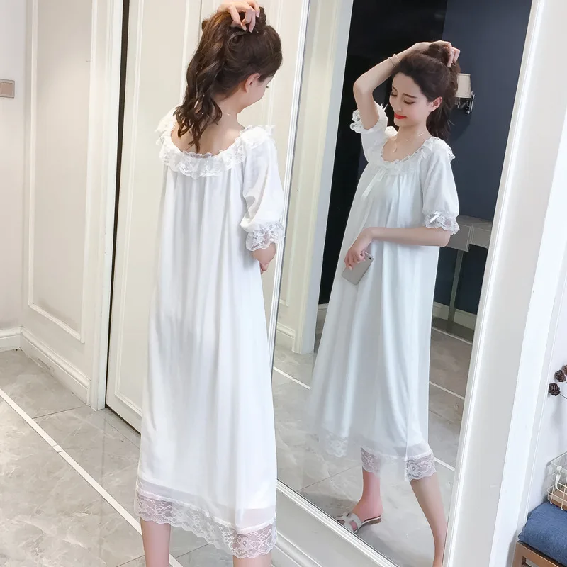 Summer Lace Nightdress Women's Thin Short Sleeve Sweet Ice Fairy Palace Style Sexy Nightgown Homewear Female Sleepwear Nightwear