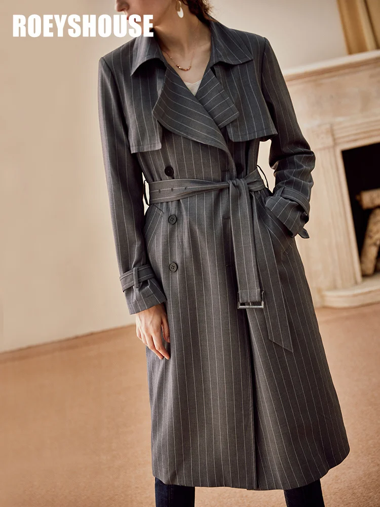 

temperament British windbreaker women's new intellectual stripe slim fit lace up professional medium length coat