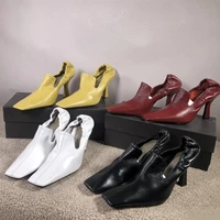 star style women shallow elastic pumps vintage square toe high heels office lady shoe soft leather slip on spring casual shoes