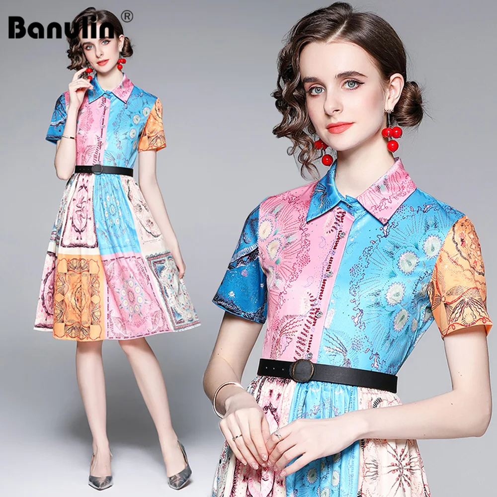 

Banulin 2021 Designer Runway Short Sleeve Midi Dresses For Women Turn Down Neck Elegant Vintage Printed Shirt Dress N61372