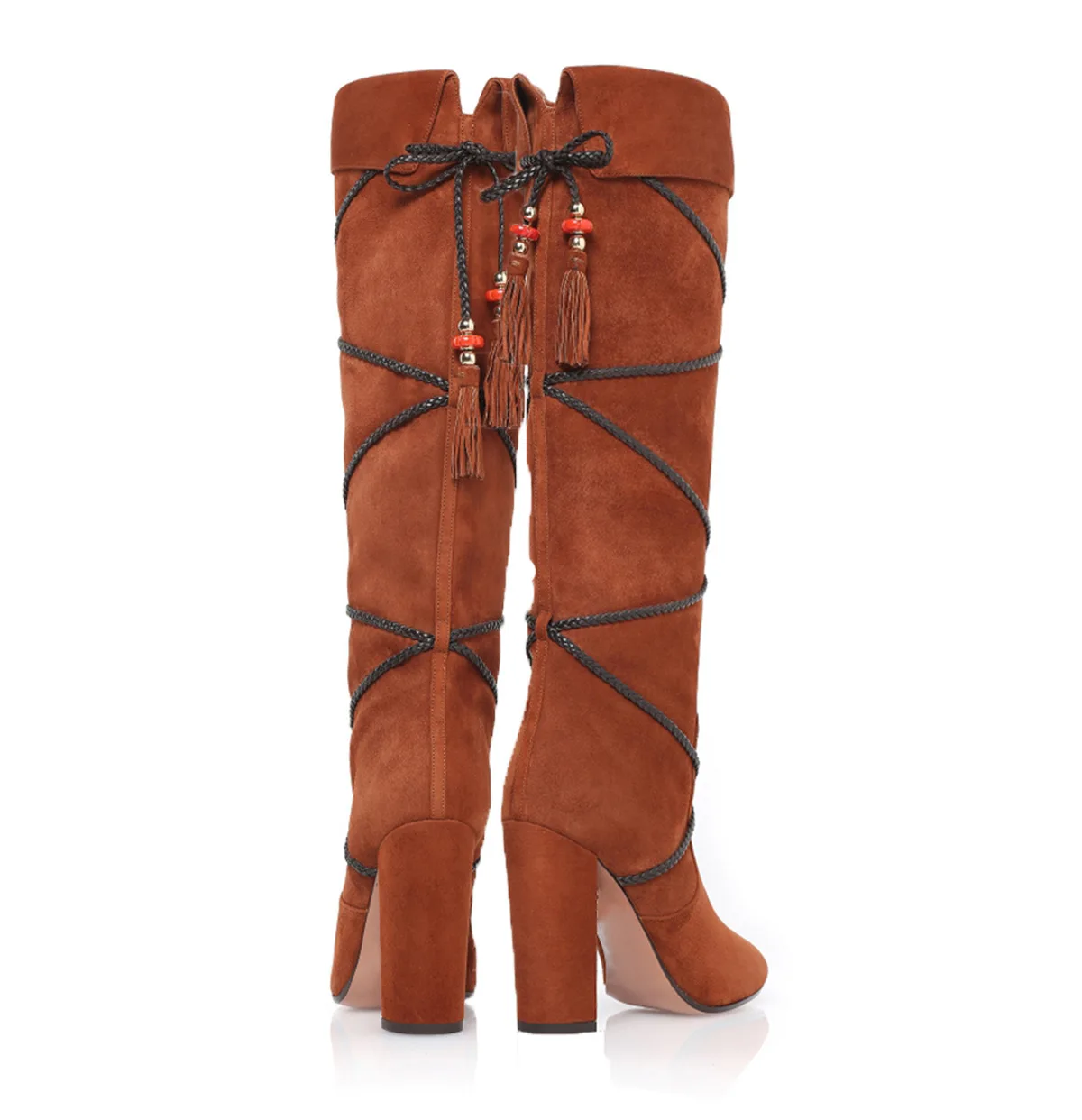 Autumn and Winter Female Velvet with Fringe Square Heel Boots Black Brown Handmade Manufacturers Direct Sales Knee High Boots