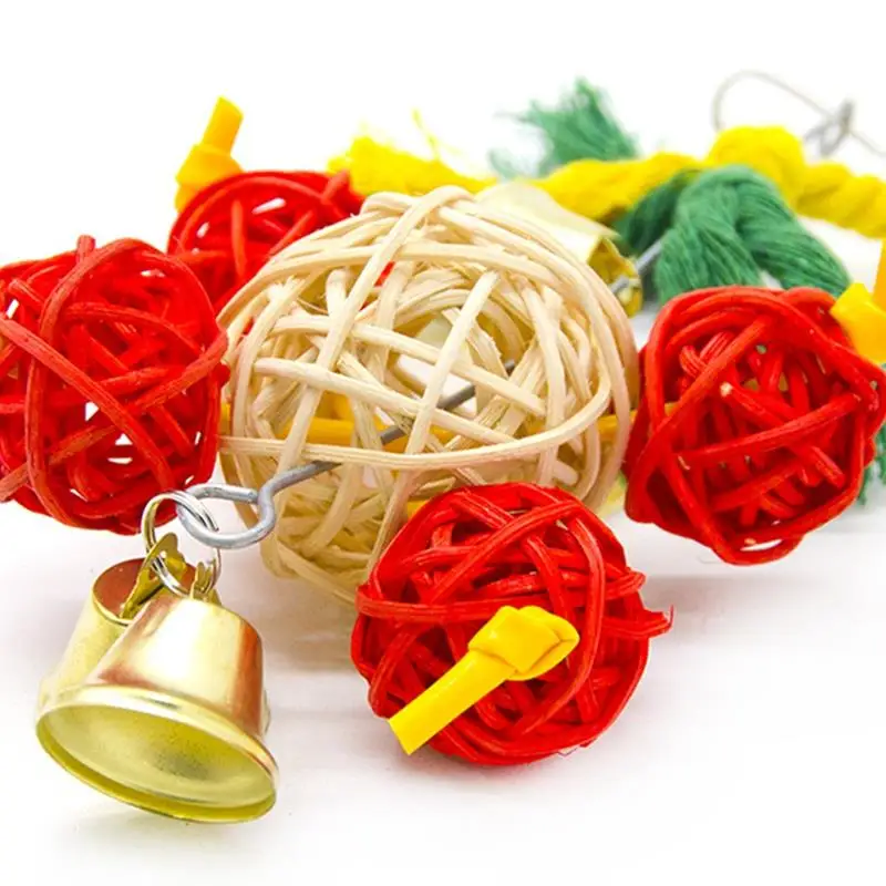 

1pc Rattan Parrot Hanging Toy Interactive Bird Toy With Bell Ball Bird Parrot Toy Chewing Bite Hanging Cage Swing Chewing Toys