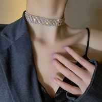women gold geometric hollow mesh crystal choker necklaces short neck chain rhinestone clavicle necklaces wedding banquet jewelry