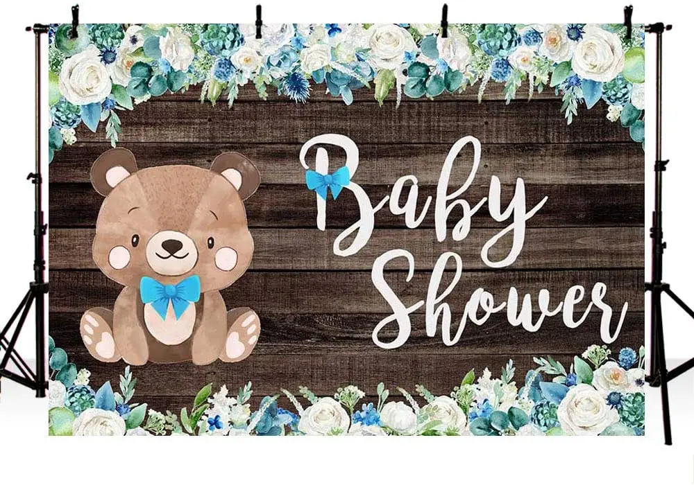 Enlarge Bear Boy Baby Shower Photography Background Props Blue Floral Bowtie Baby Boy Shower Rustic Wood Backdrops Party Decoration