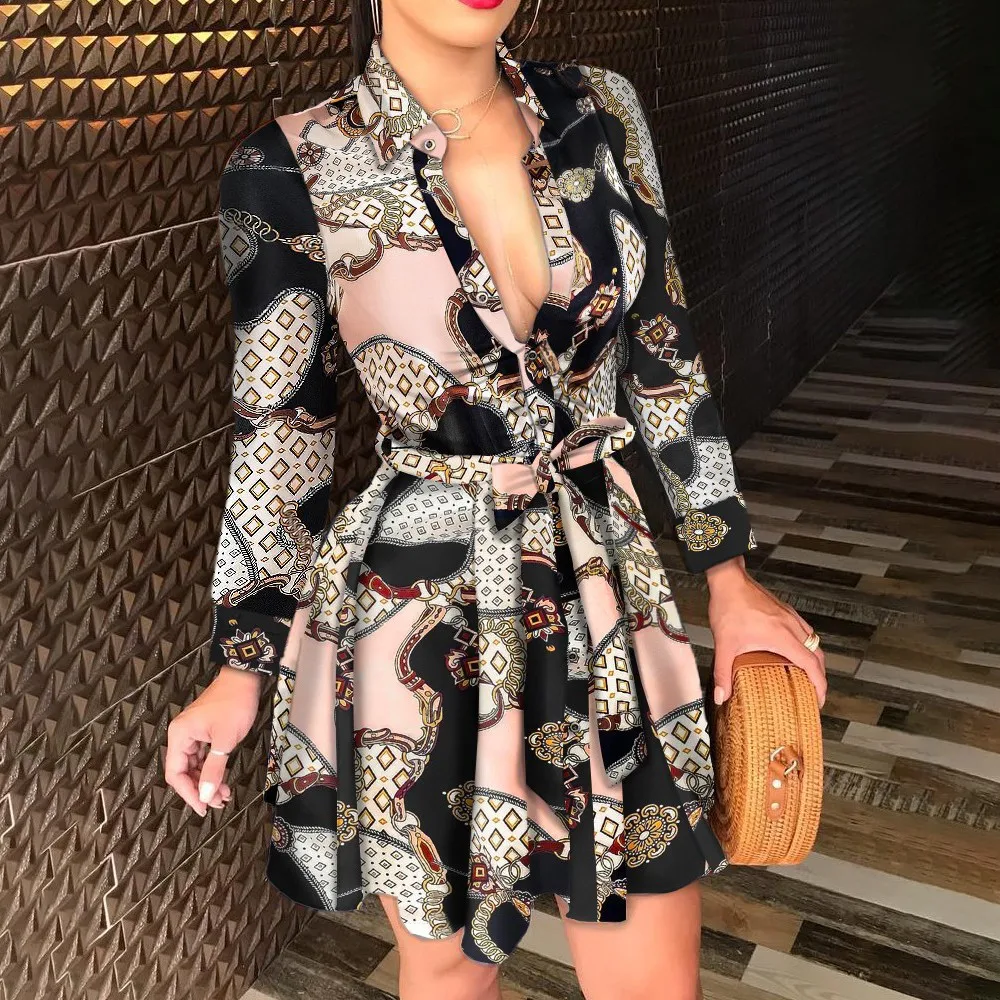 

Women's Classic Party Dresses V Neck Long Sleeve Skater Elegant Fall Dress Female Robe Female Clothing 2022