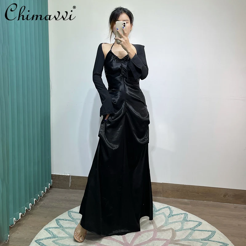 

Sexy Fashion Women Halter Sleeveless Long Black Sling Dress Satin Lace-up Pleated Dress for Lady Two Piece Set