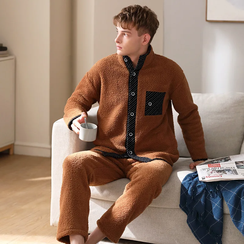 Pajamas Sets Men's Lamb Cashmere New Autumn Winter Thickened Warmth Loose Home Clothes Coral Velvet Sleepwear Lounge Nightwear