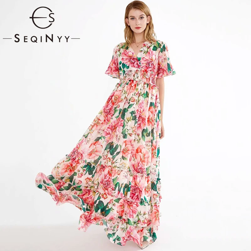 

SEQINYY длинное платье макси 2020 Лето Весна Новый модный дизайн женское с v-образным вырезом Сицилия стиль с расклешенными рукавами эластичные к...