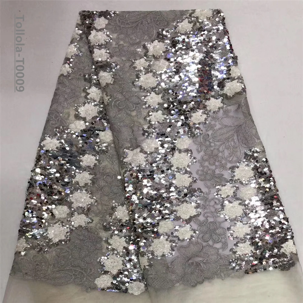 Черная серебряная африканская кружевная ткань Вышитое цветочное Сетчатое