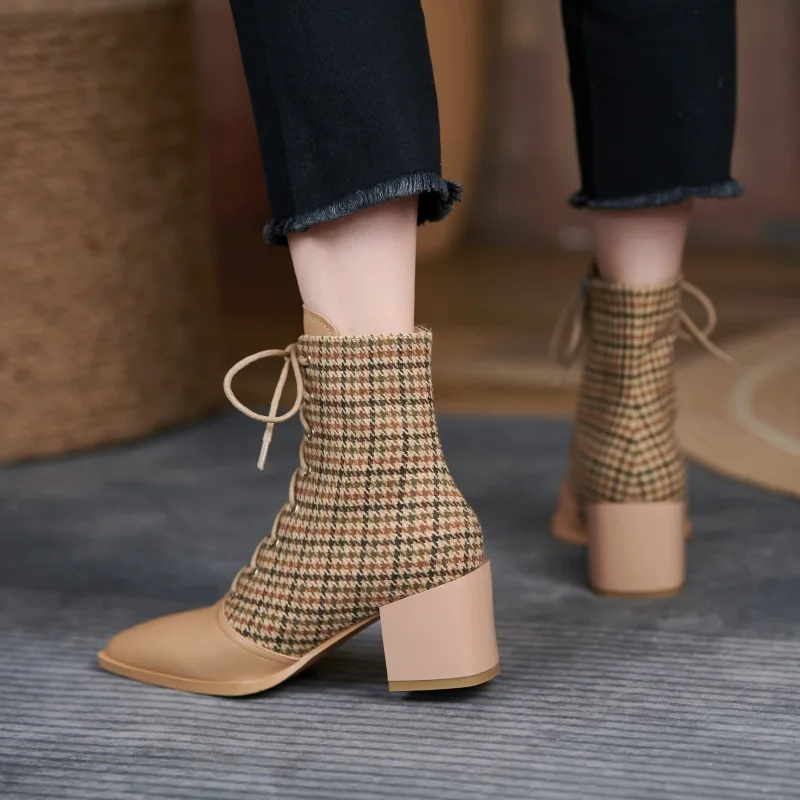 Beli Sepatu Bot Musim Dingin Sepatu Bot Kulit Asli Sepatu Wanita Sepatu Bot Tumit Tebal Sepatu Bot Wanita Modis Baru Musim Gugur 2021 Renda Ujung Persegi