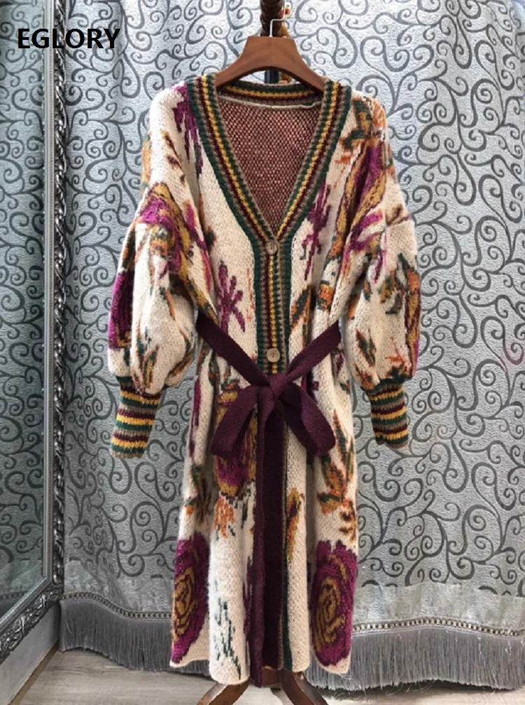 Женский вязаный кардиган с поясом повседневный длинный шерстяной винтажным