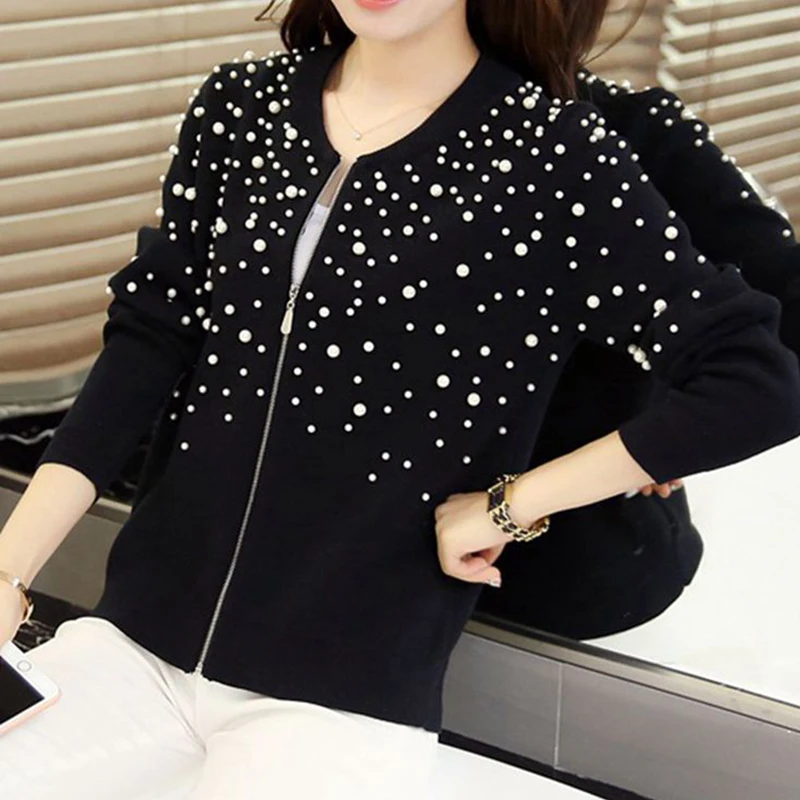 Женский вязаный кардиган рождественский свитер с жемчужинами и бусинами осень