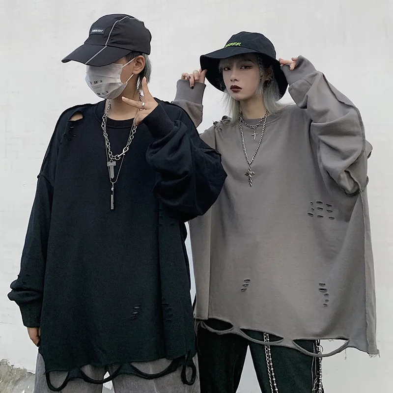 

Autumn New Korea Harajuku Street Hip Hop Hole Long Sleeve Sweatshirt Women ins Fashion Turtleneck O-Lead Casual Women Sweatshirt