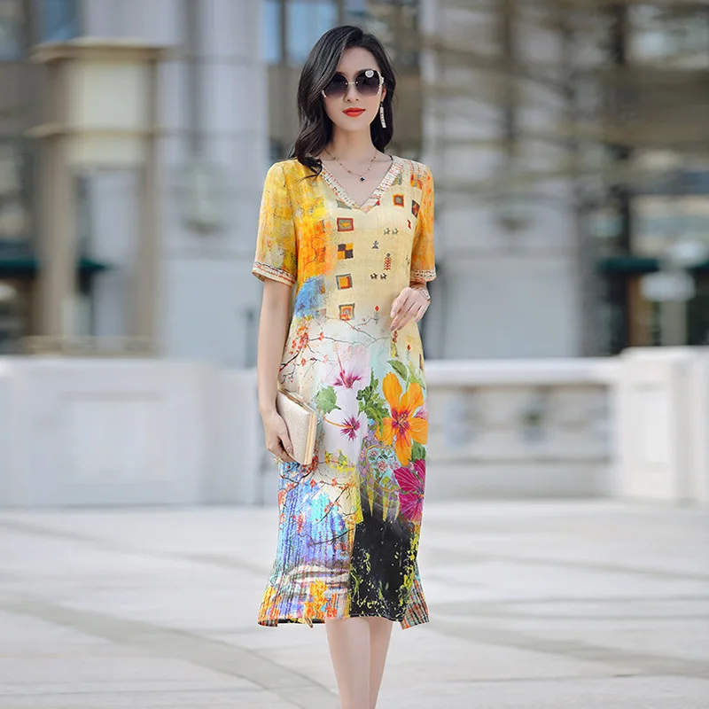 

Summer Dresses Women M-3XL 100% Silk Print 2022 NEW V-Neck Short Sleeves Slit Loose Casual Elegant Dress Midi