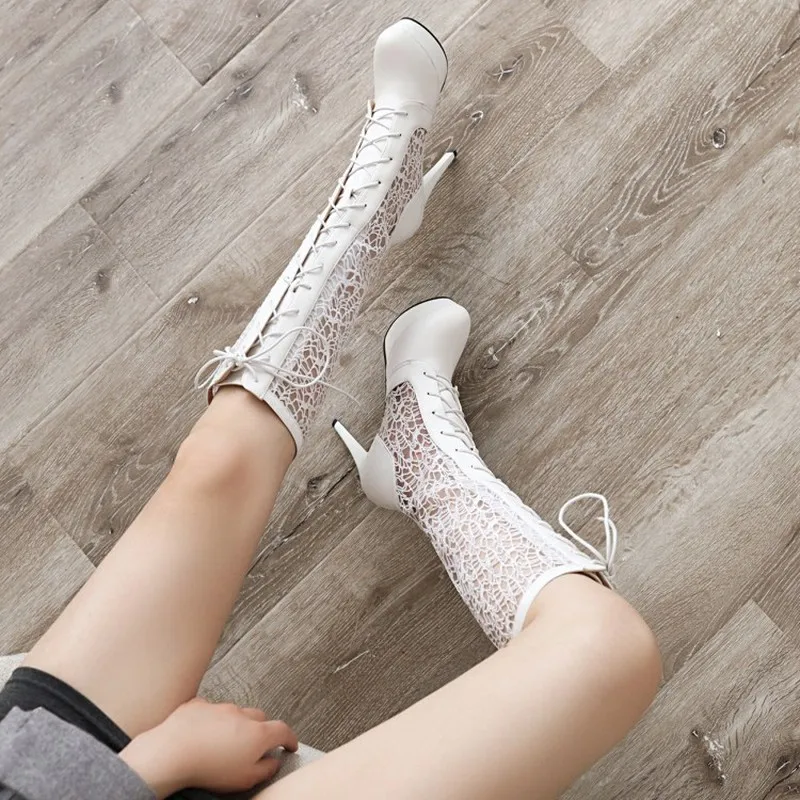 

Long Boots New Fashion Spring and Autumn Round Head Lace Up Hollow Fine Heel High Heel Knee High Boots Plus Size 34-43 12cm High