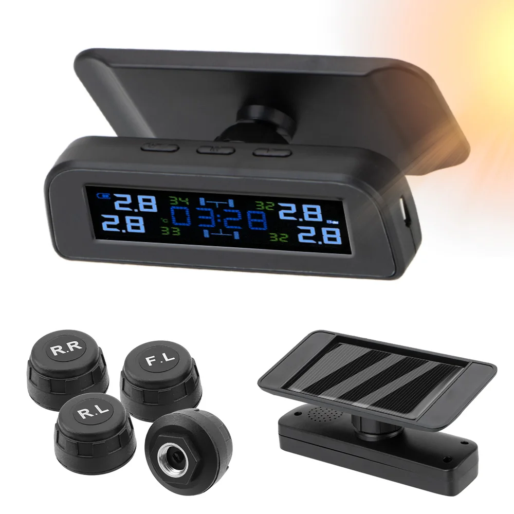 

Car Solar TPMS Tire Pressure Monitoring System Car Tyre Pressure Monitor Temperature Warning Fuel Save With 4 External Sensors