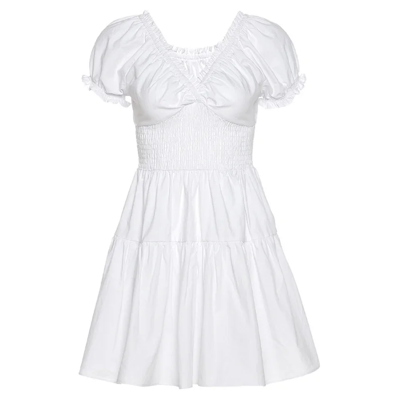 

XUXI Puff Sleeve White Sexy Dress With Wooden Ears Women2021 Summer New Short Sleeve MINI Skirt E2536