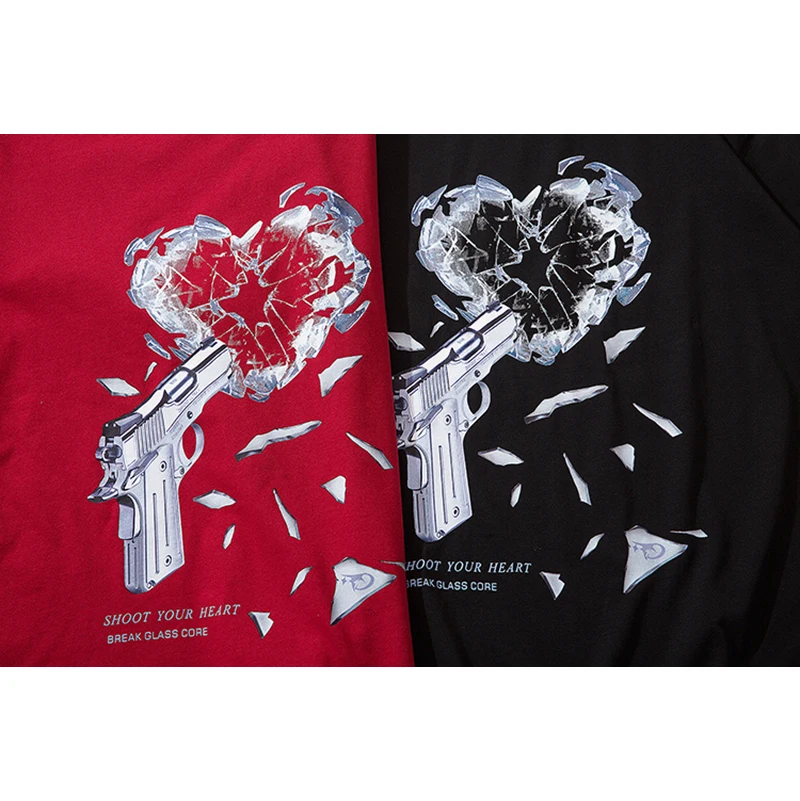 

2021 Tshirts Hip Hop Broken Heart Print Tees Shirts Streetwear Harajuku Fashion Casual Loose Short Sleeve Black Tops Clothing