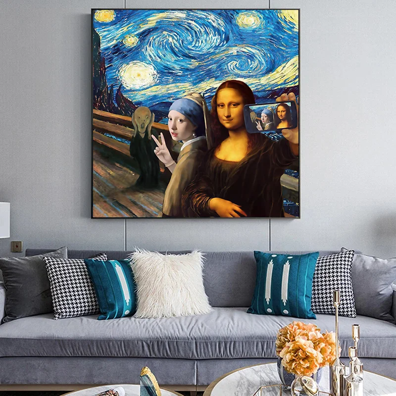 

Mona Lisa and The Girl with Pearls Taking Pictures Modern Art Canvas Painting Funny Classic Character Poster for Room Home Decor