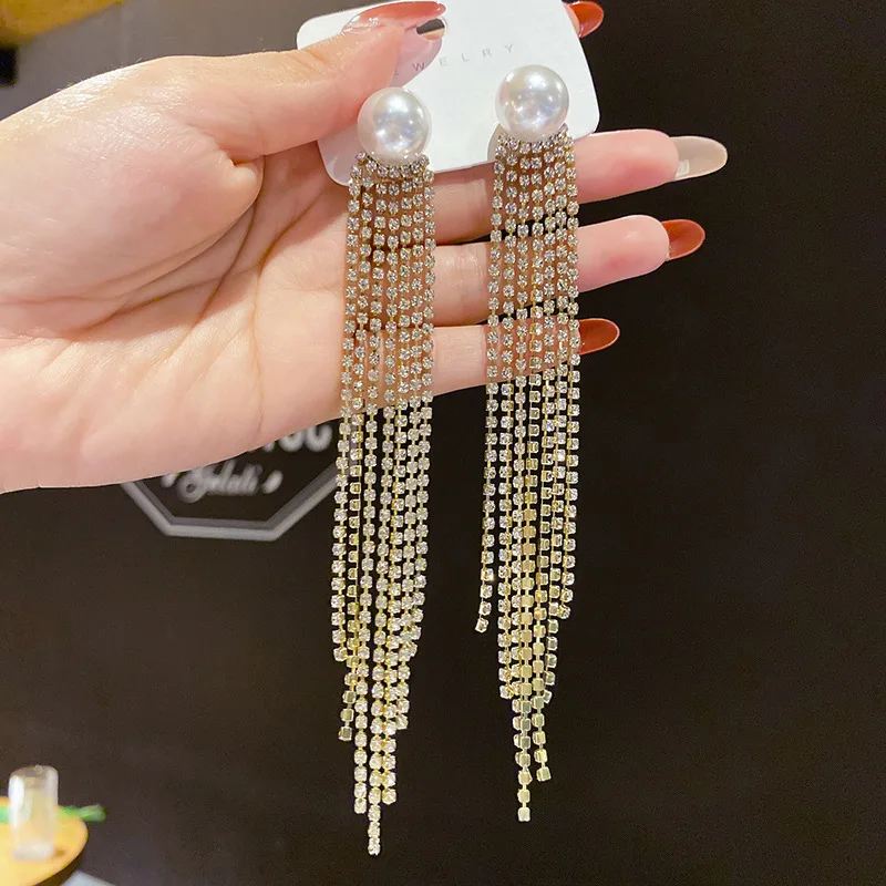 

Long Pearl Earrings Tassel Full Rhinestone Drop Earrings for Women 2021 Temperament Chain Extra Ear Jewelry for Party