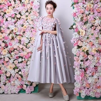 elegant tea length prom gown pink flowers pearls stunning evening coat vestido de formatura 2018 mother of the bride dresses