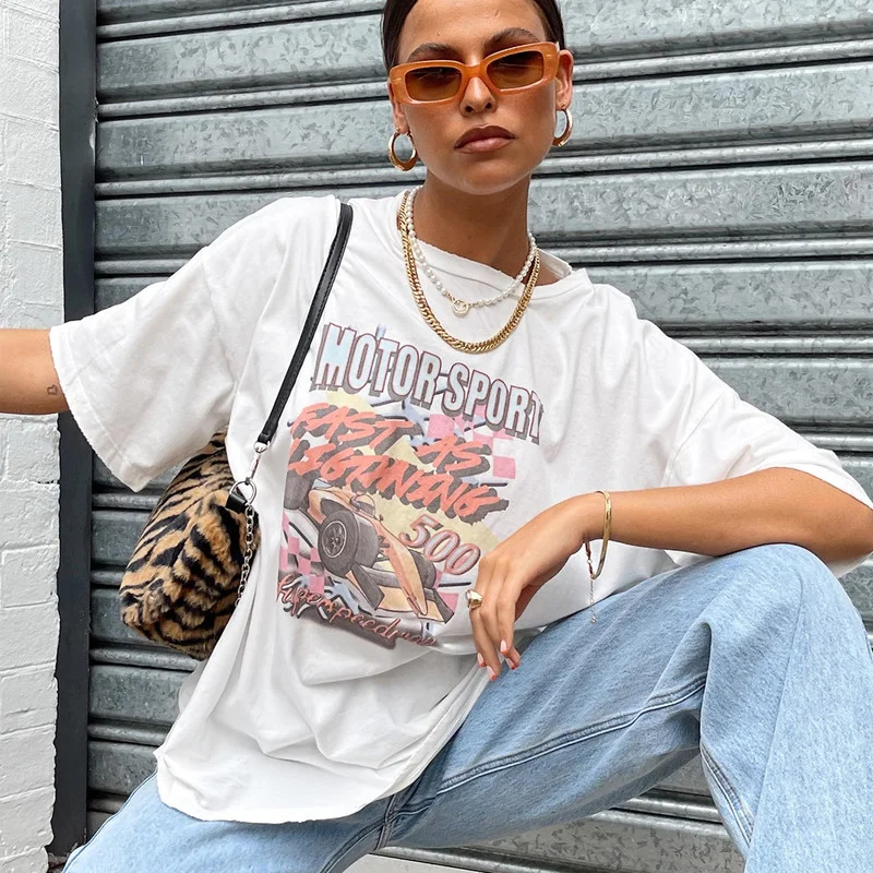 

White Letter Print Graphic Tee Women 2021 Short Sleeve Cotton T Shirt Vintage Streetwear Casual Tshirt Oversized Summer Tops New