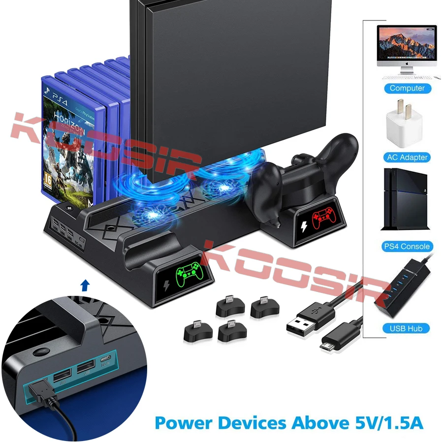 

PS4/ PS4 Pro/ PS4 Slim Console Vertical Cooling Stand Controller Charging Base 2 Cooler 10 Games Storage for Sony Playstation 4