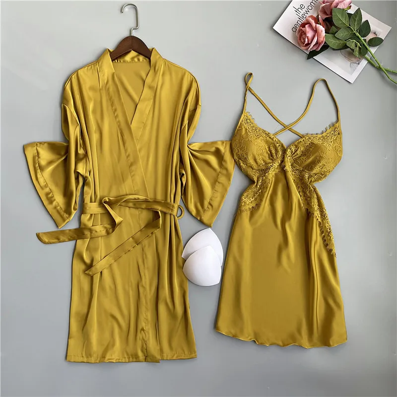 

White Kimono Bathrobe Gown Satin Women Bride Wedding Robe Set Intimate Lingerie Casual Lace Sleepwear Sexy Summer New Nightwear