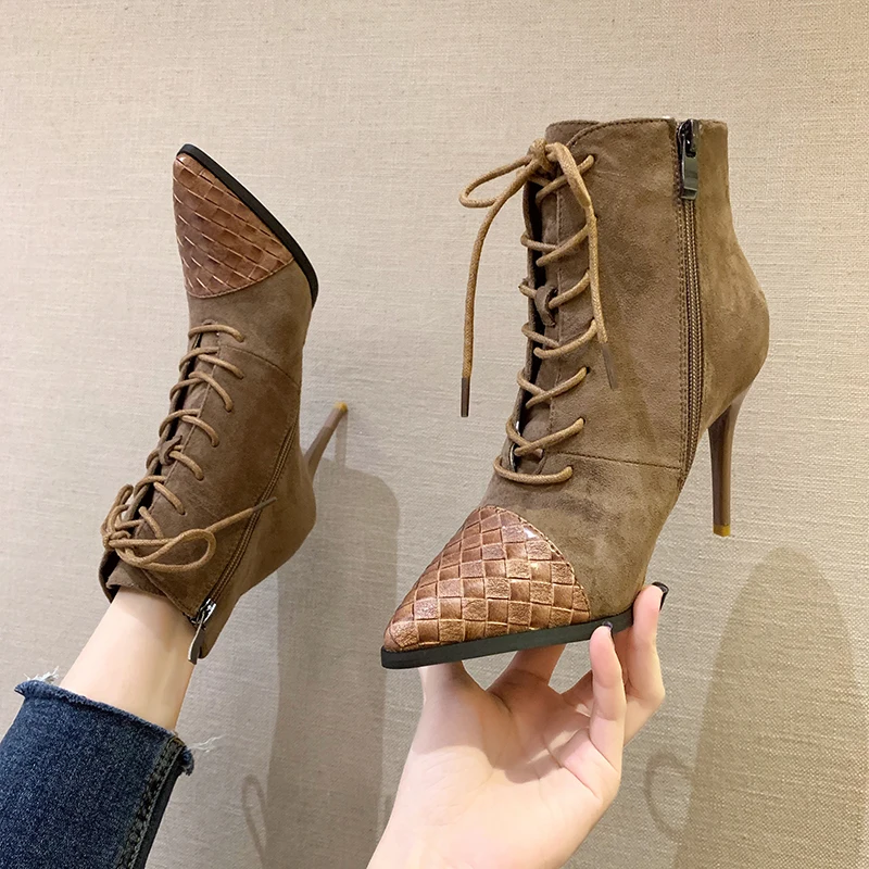 

Ladies Pointed Leather Boots 9 Cm High Heels Stiletto Short Ankle Boots 2021 High Heel Lace Fashion Pointed Toe Martin Boots