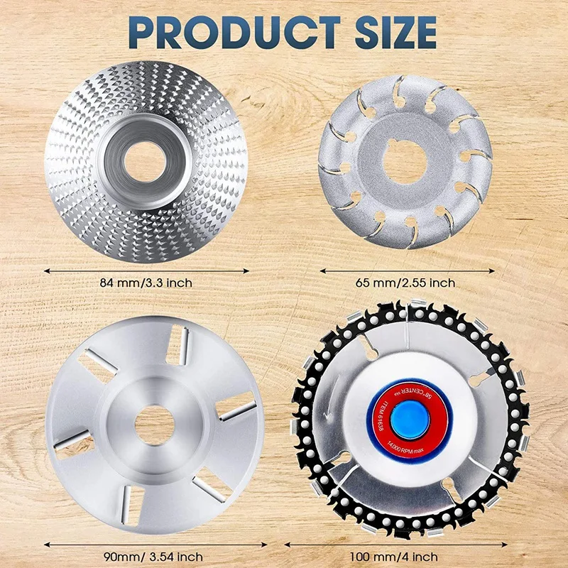 

4 Pieces Angle Grinding Wheel Wood Carving Disc 12 Teeth Wood Polishing Shaping Disc and Wood Turbo Carving Disc