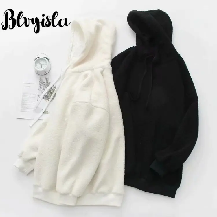 

Blvyisla Loose Drawstring Hooded Long Sleeve Woolen Fleece Sweatshirt Women Warm Winter Thicken Hoodies Solid Black White Tops